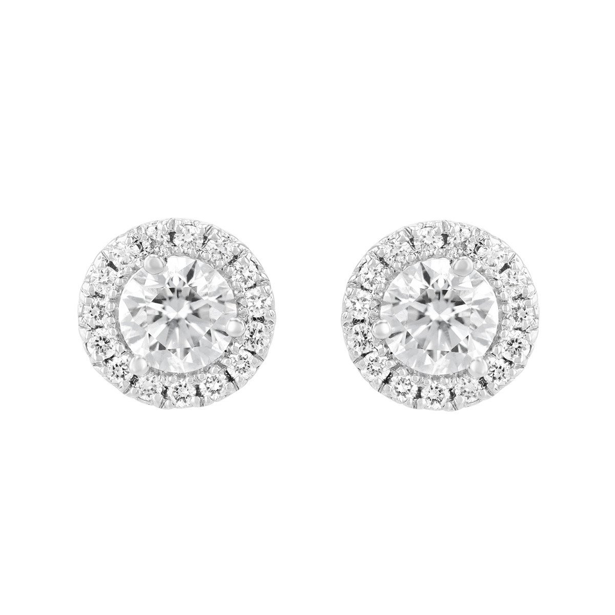 Round Diamond & Halo Stud Earrings in White Gold, 0.65 cttw