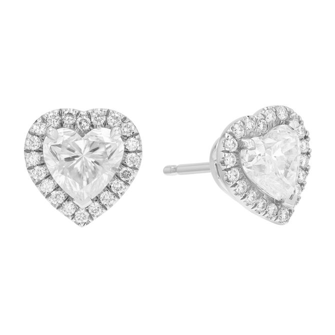 Heart Shape Diamond & Halo Stud Earrings in White Gold
