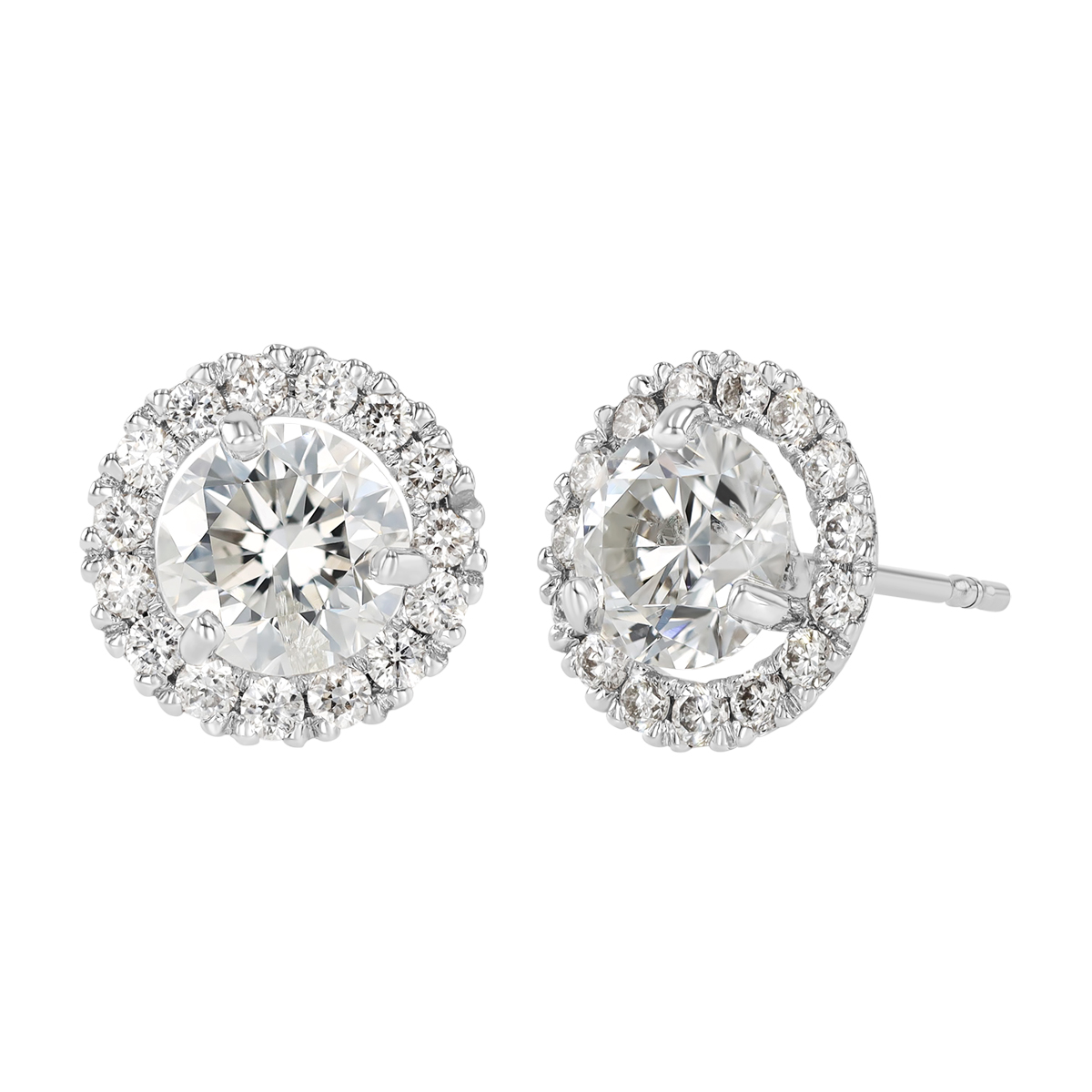 Round Diamond & Halo Stud Earrings in White Gold, 2.22 cttw