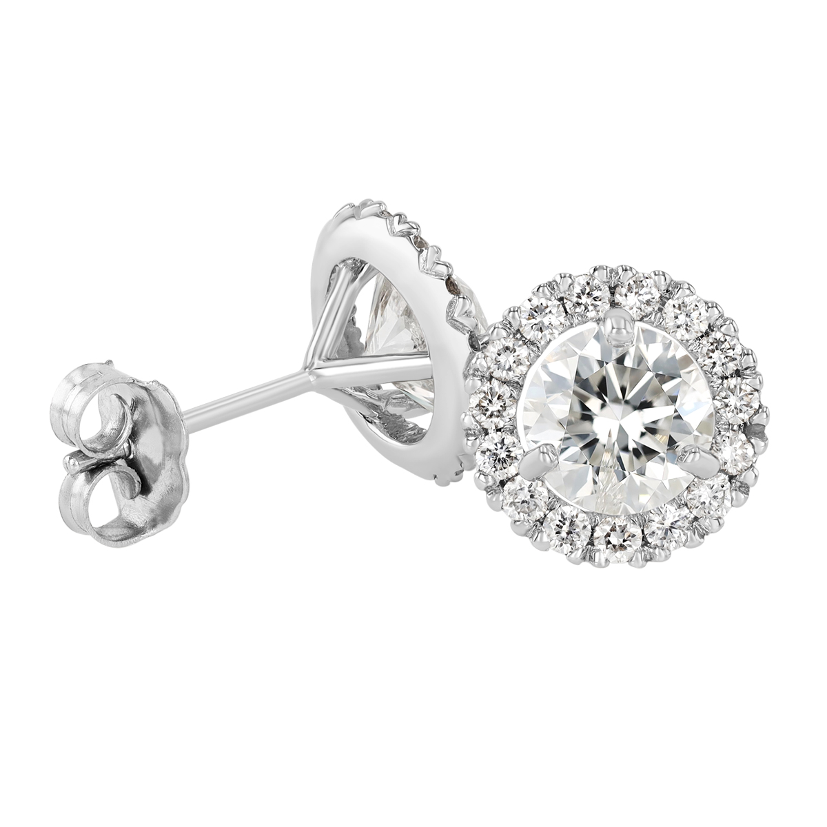 Round Diamond & Halo Stud Earrings in White Gold, 2.22 cttw