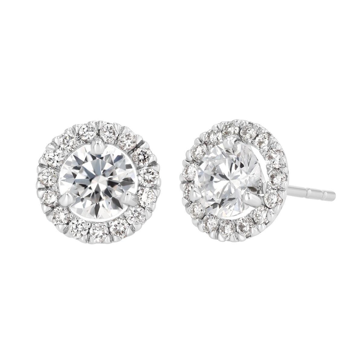 Round Diamond & Halo Stud Earrings in White Gold, 1.32 cttw