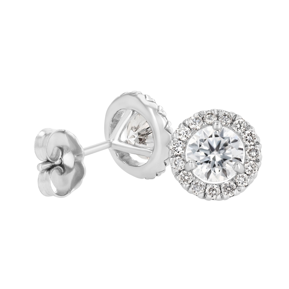 Round Diamond & Halo Stud Earrings in White Gold, 1.32 cttw