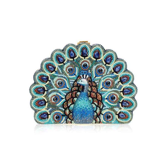 2004 Judith Leiber Peacock Bird Crystal Blue Green Evening  Judith Leiber Teal and Black Patterned Clutch main image 2