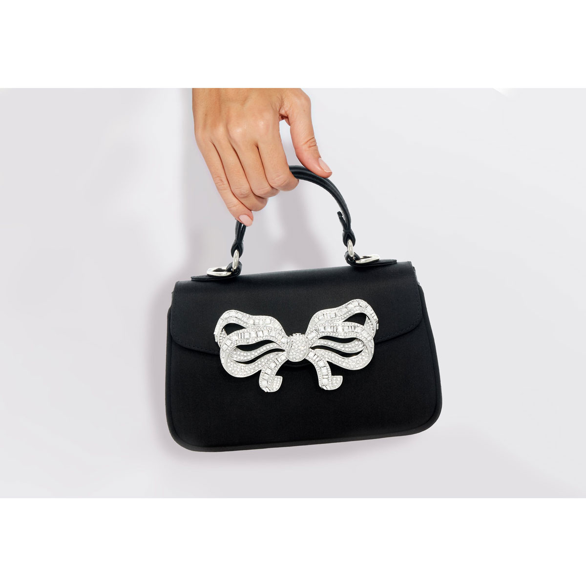 Judith Leiber Black Satin Bow Top Handle Bag