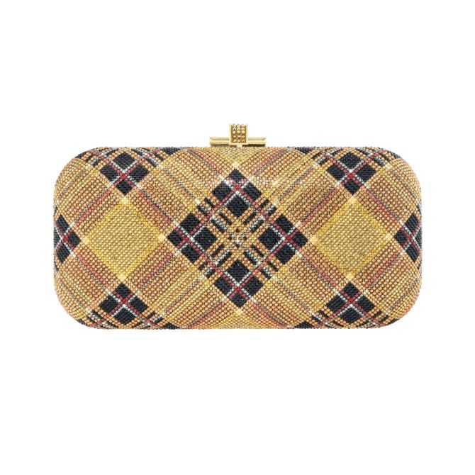 Judith Leiber Long Slide Bias Tartan Clutch, Gold