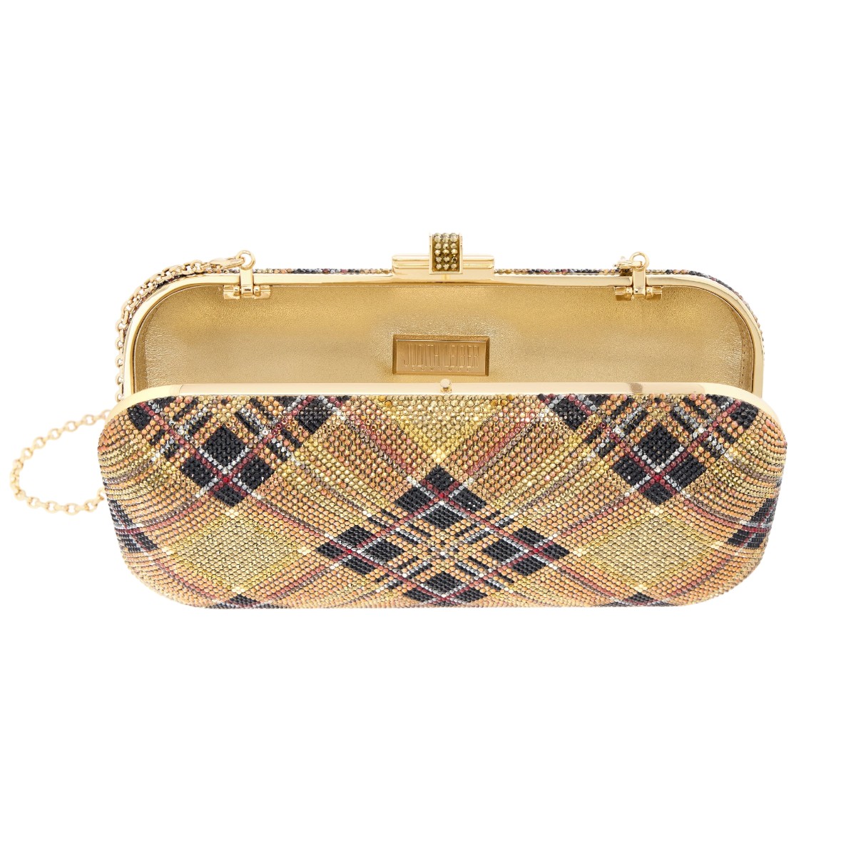 Judith Leiber Long Slide Bias Tartan Clutch, Gold