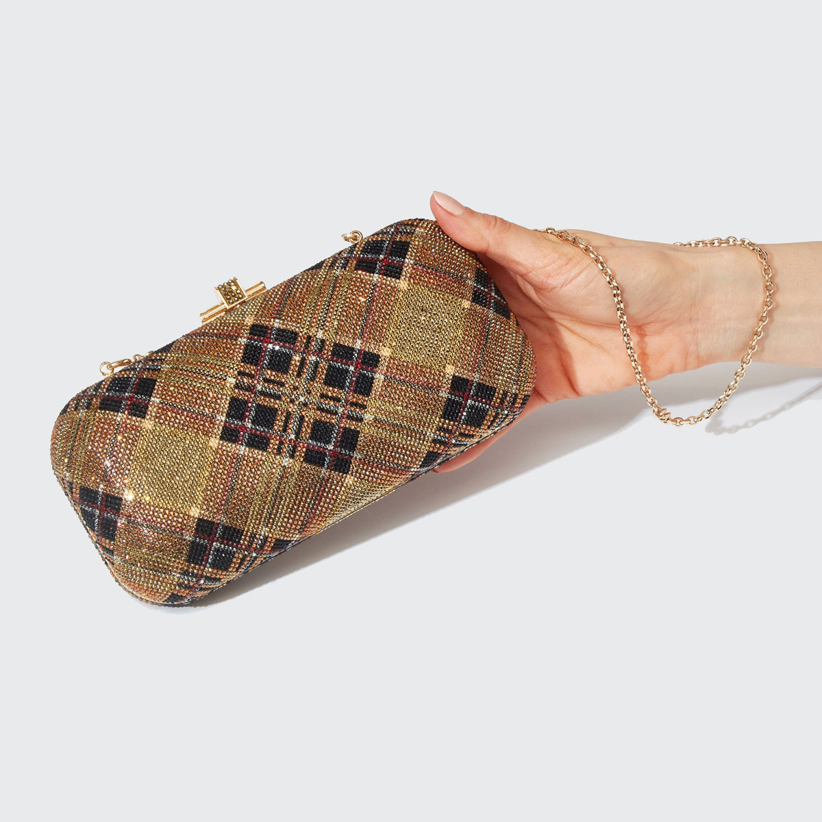 Judith Leiber Long Slide Bias Tartan Clutch, Gold