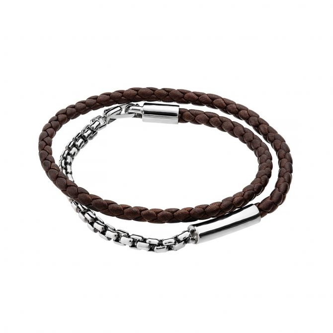 Tane Comet Sterling Silver Square Link & Brown Leather Bracelet, 9"