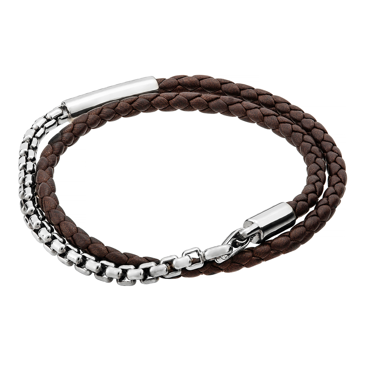 Tane Comet Sterling Silver Square Link & Brown Leather Bracelet, 9