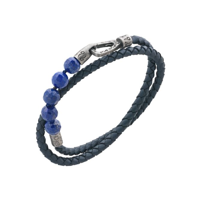 Marco Dal Maso Lash Lapis Lazuli Bead Double Wrap Bracelet in Oxidized Silver & Blue Leather