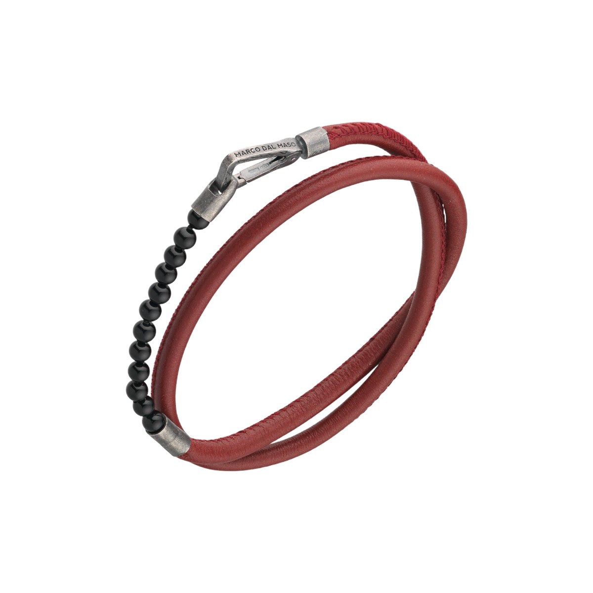 Marco Dal Maso Lash Black Onyx Chalcedony Bead Double Wrap Bracelet in Oxidized Silver & Red Leather