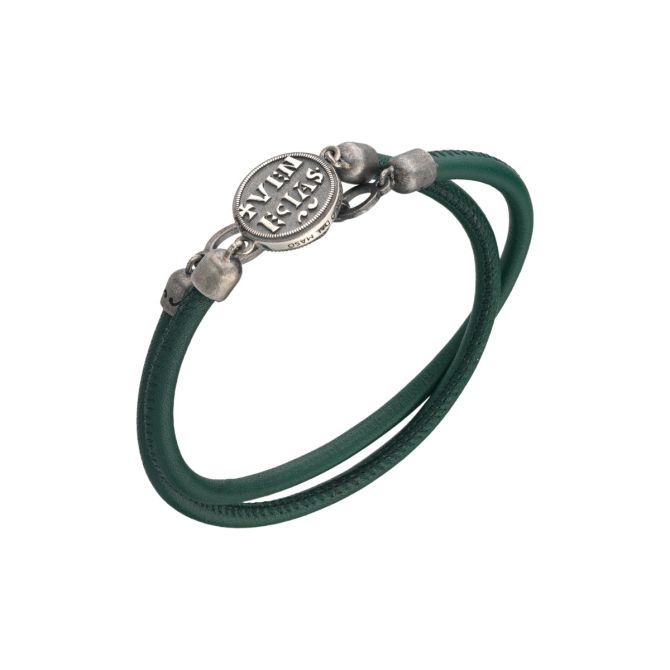 Marco Dal Maso Moneta Disc Doube Wrap Bracelet in Oxidized Silver & Green Leather