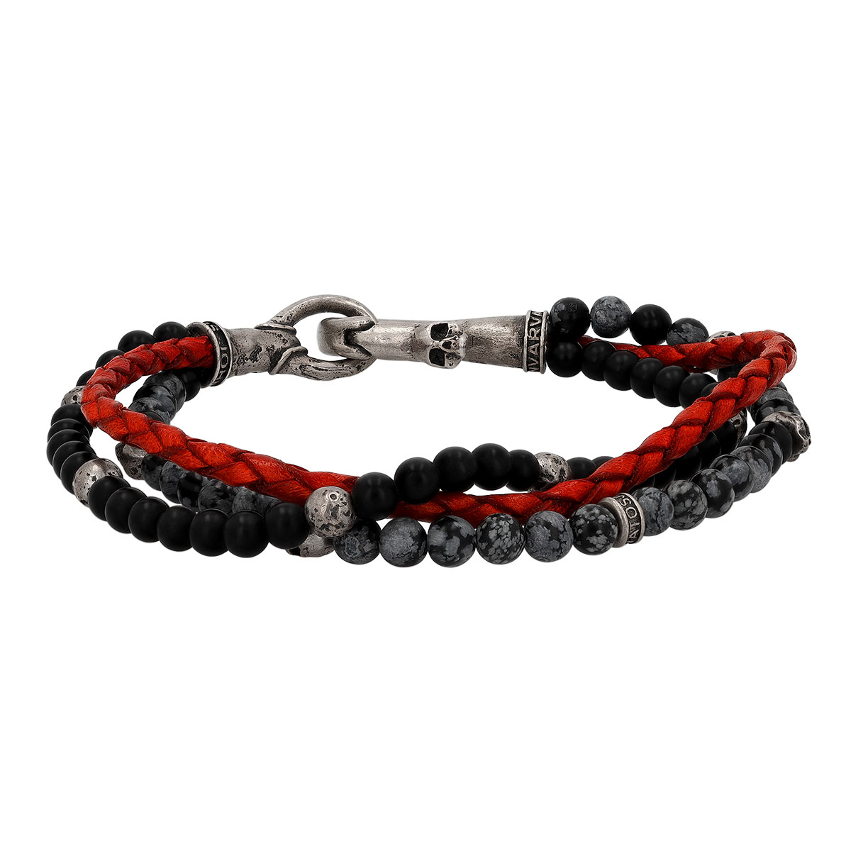 John Varvatos Black Onyx & Obsidian Glass Bead Bracelet in Sterling Silver with Red Leather
