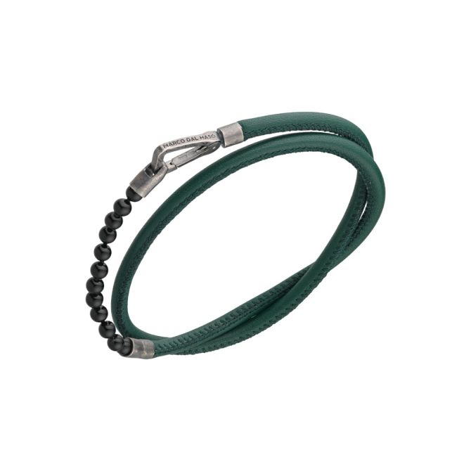 Marco Dal Maso Lash Black Onyx Chalcedony Bead Double Wrap Bracelet in Oxidized Silver & Green Leath