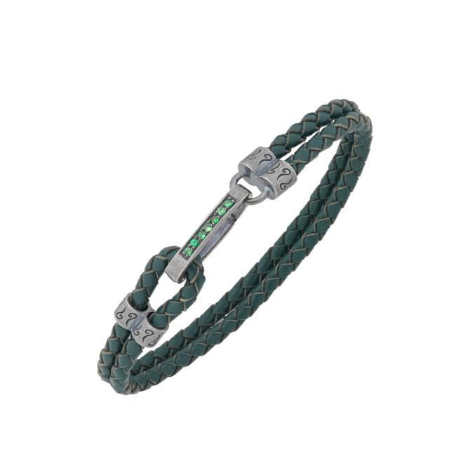 Marco Dal Maso Lash Tsavorite Garnet & Green Leather Bracelet in Oxidized Silver