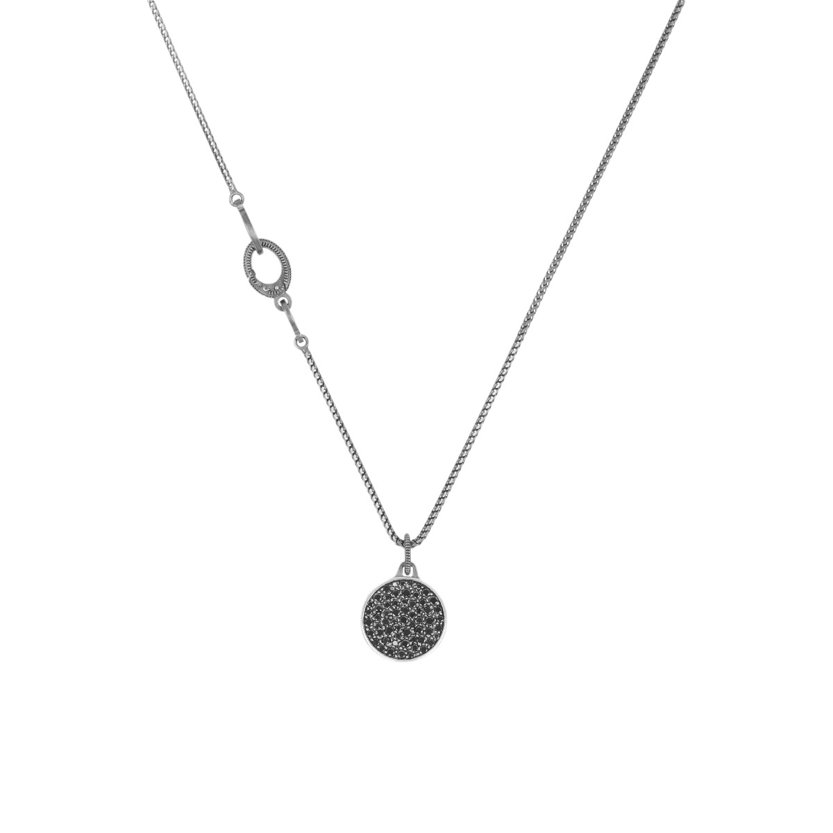 Marco Dal Maso Moneta Black Diamond Pavé Disc Pendant in Oxidized Silver, 24.5