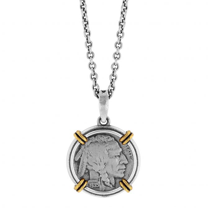 John Varvatos Buffalo Nickel Pendant in Sterling Silver & Brass, 24"
