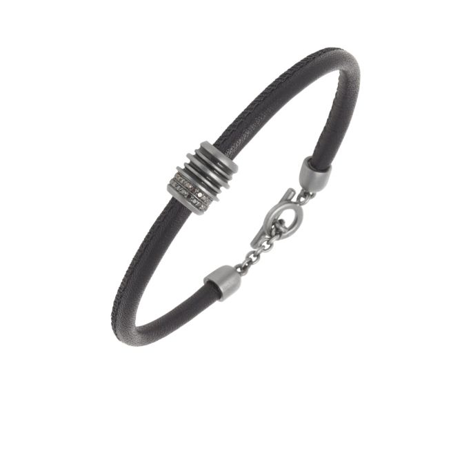 Marco Dal Maso Acies Black Diamond & Enamel Roller Bracelet in Black Leather & Oxidized Silver, 8"