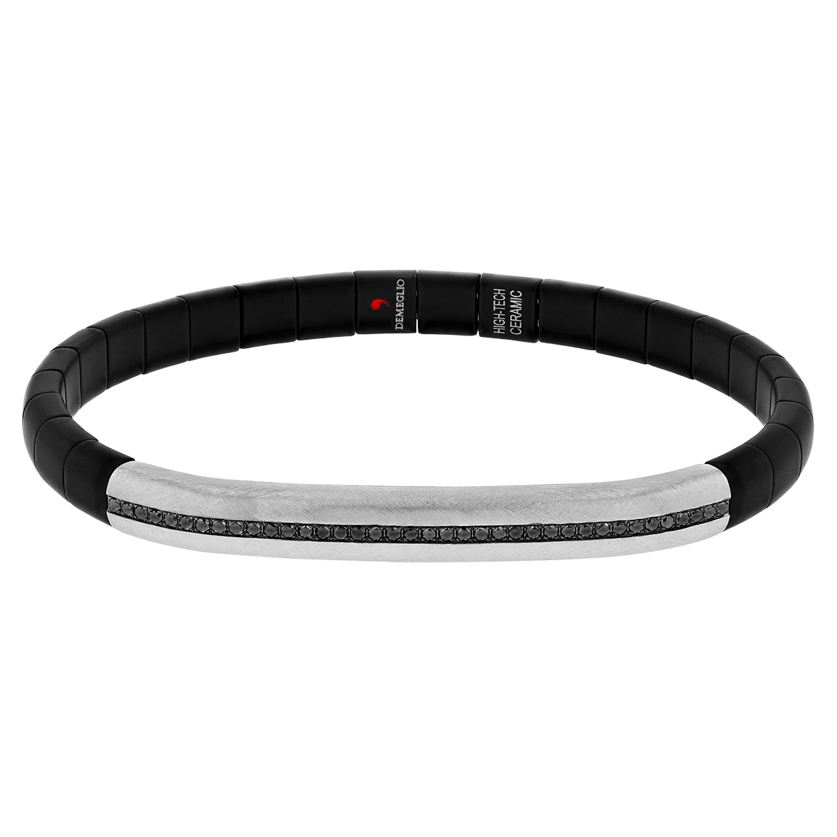 Demeglio Black Diamond & White Gold Curved Bar Stretch Bracelet with Black Ceramic