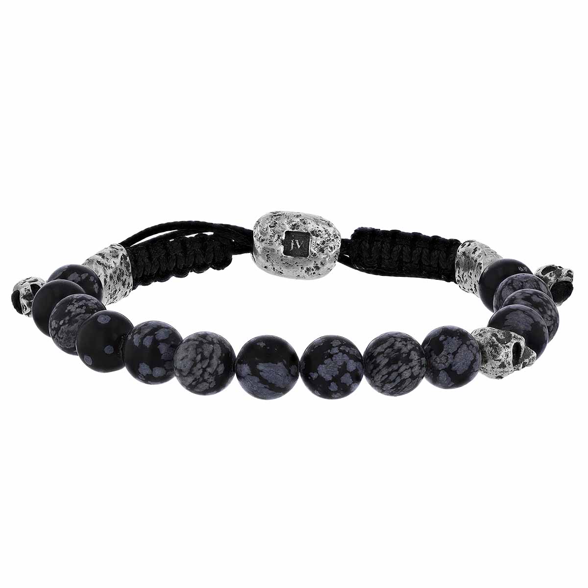 John Varvatos Gray Obsidian Bead Bracelet with Black Leather & Sterling Silver, 9.5