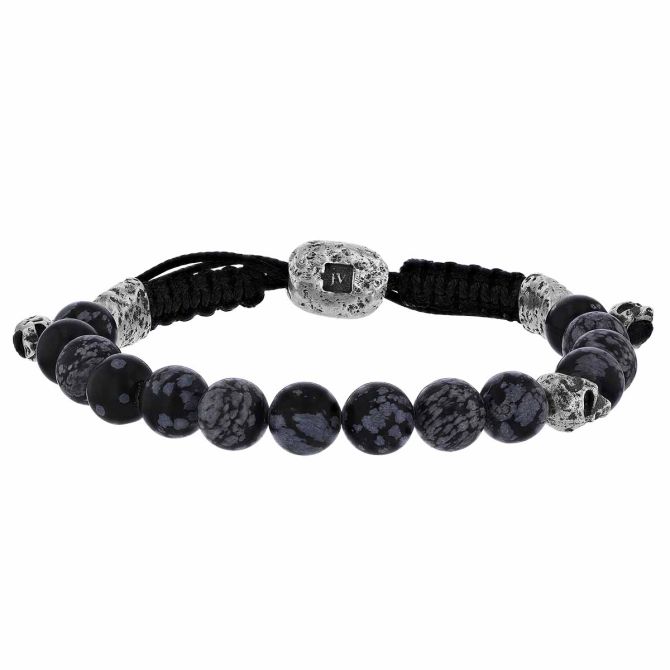 John Varvatos Gray Obsidian Bead Bracelet with Black Leather & Sterling Silver, 9.5"