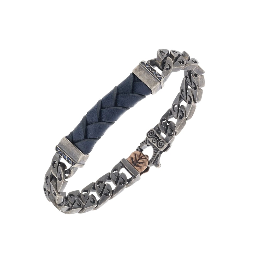 Marco Dal Maso Flaming Tongue Blue Leather & Sterling Silver Bracelet with Blue Sapphires
