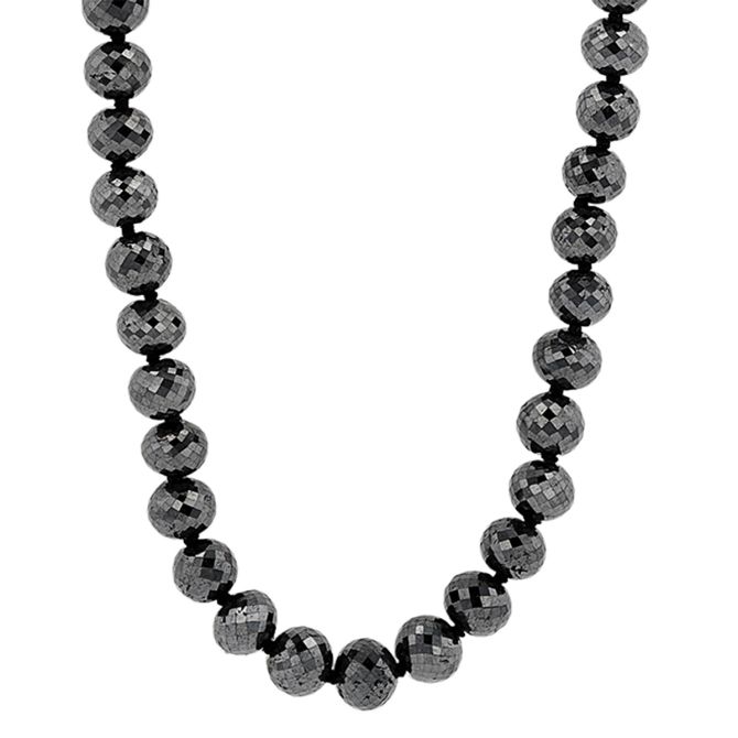 Black Diamond Bead Necklace in White Gold, 24"