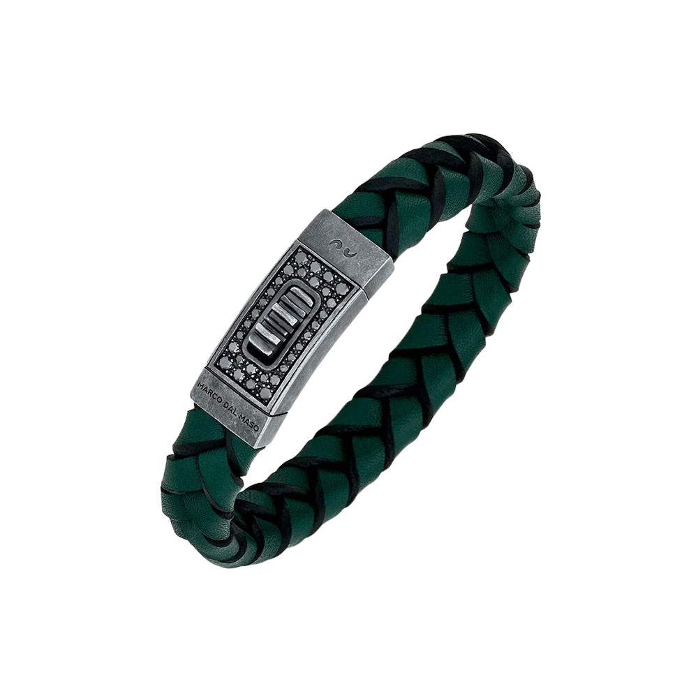 Marco Dal Maso Lash Gladiator Black Diamond Bracelet in Green Leather & Oxidized Silver, 8.5