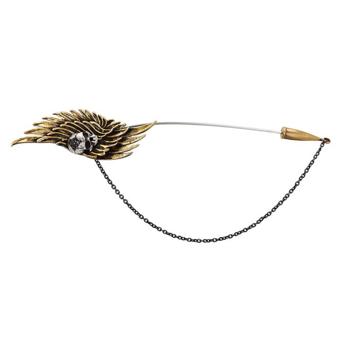 John Varvatos Black Diamond Skull & Feather Lapel Pin in Brass & Sterling Silver