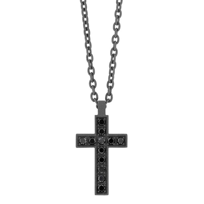 Men's Black Diamond Cross Pendant in Titanium, 22"