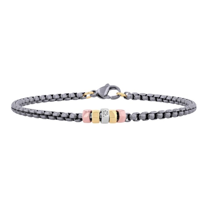 Titanium Link Chain & Tri Tone Rondel Bracelet with Diamond Accent, 7.5"