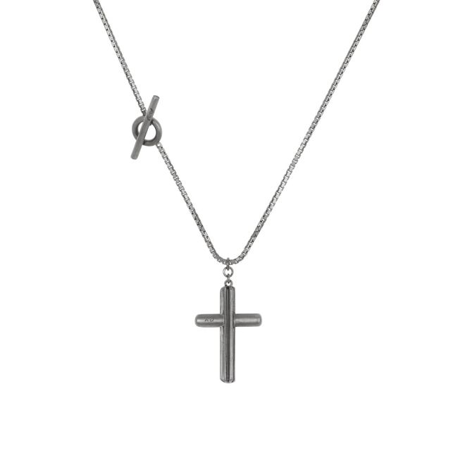 Marco Dal Maso Acies Black Enamel Cross Pendant in Oxidized Sterling Silver, 24"
