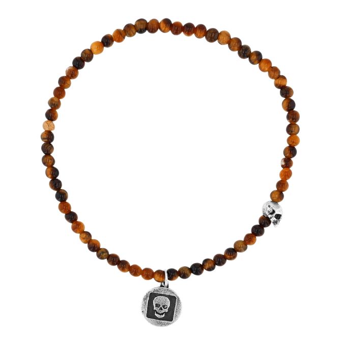 John Varvatos Skull Tigers Eye Quartz Beaded Bracelet in Sterling Silver, 7"