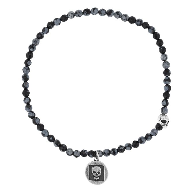 John Varvatos Skull Snowflake Obsidian Beaded Bracelet in Sterling Silver, 7"