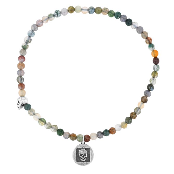 John Varvatos Skull Agate Chalcedony Beaded Bracelet in Sterling Silver, 7"