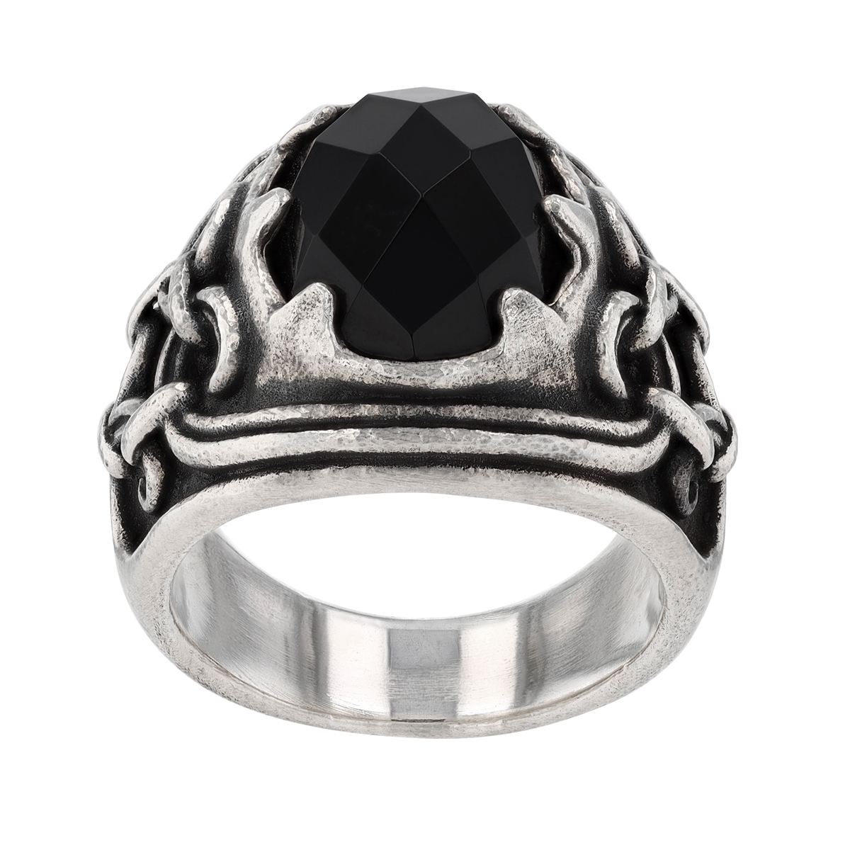 John Varvatos Gothic Oval Rose Cut Black Onyx Chalcedony Ring in Sterling Silver, Size 10