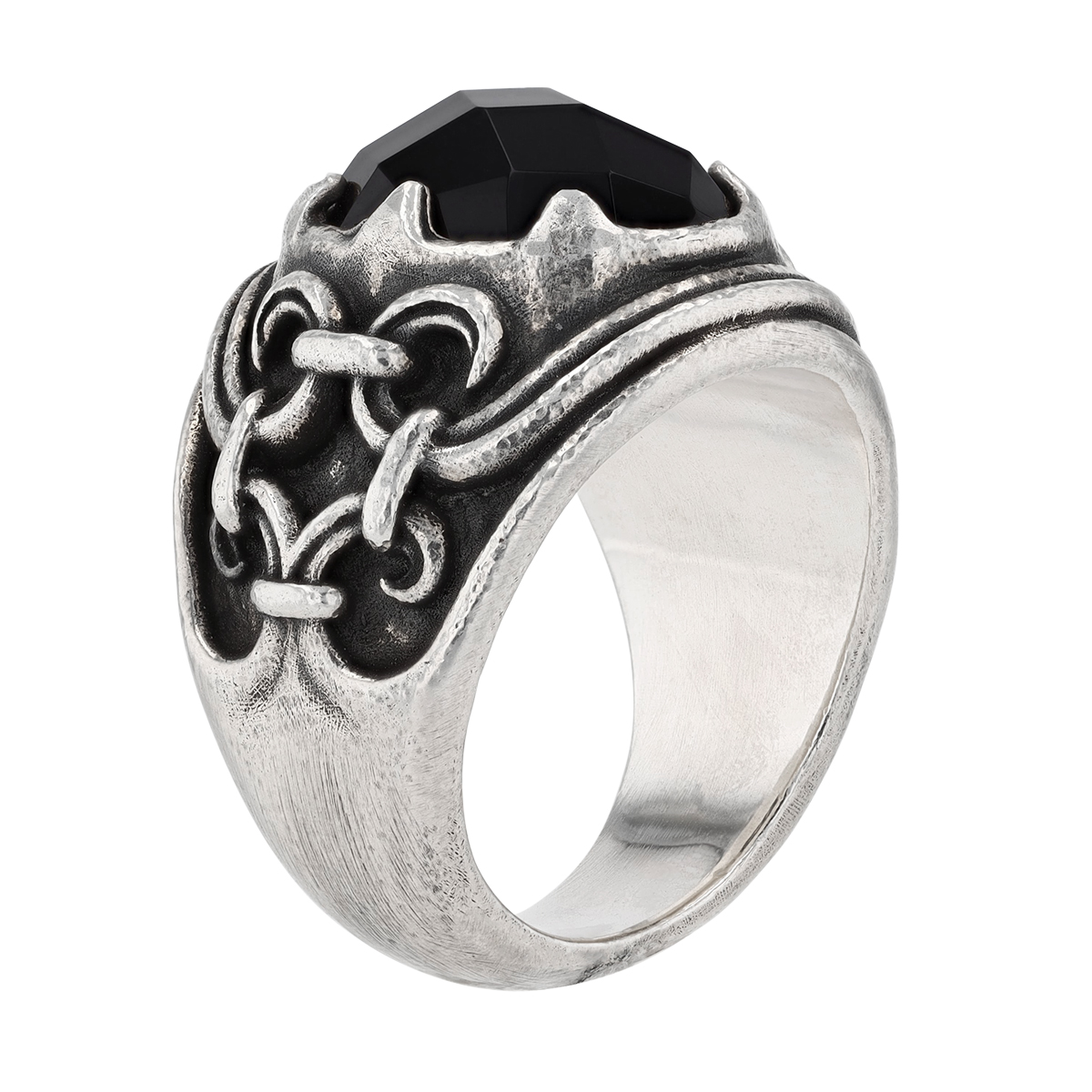 John Varvatos Gothic Oval Rose Cut Black Onyx Chalcedony Ring in Sterling Silver, Size 10