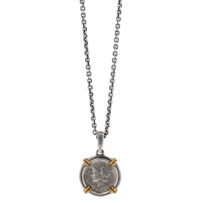 John Varvatos Coin Sterling Silver Pendant with Brass Accents, 24"