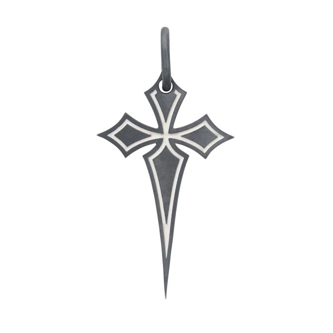 Marco Dal Maso Ivory Enamel Gothic Cross Amulet Charm in Oxidized Sterling Silver