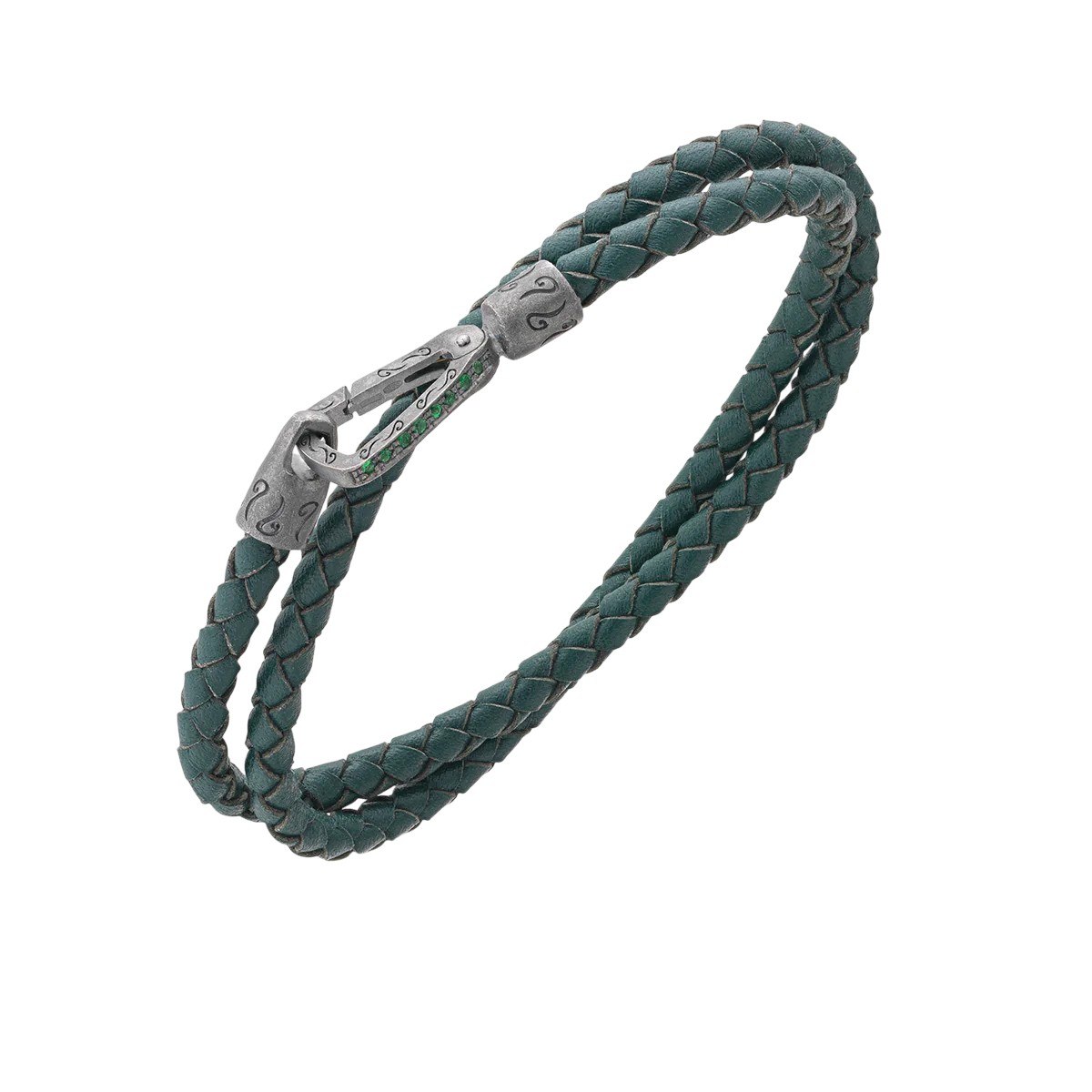 Marco Dal Maso Lash Green Leather Double Wrap Bracelet with Green Sapphires in Sterling Silver