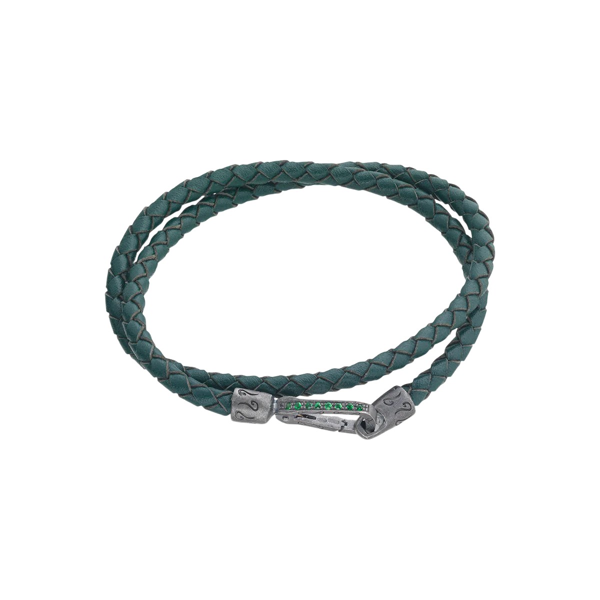 Marco Dal Maso Lash Green Leather Double Wrap Bracelet with Green Sapphires in Sterling Silver