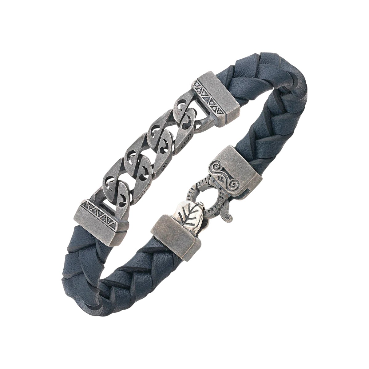 Marco Dal Maso Flaming Tongue Blue Leather Bracelet with Black Diamonds in Sterling Silver