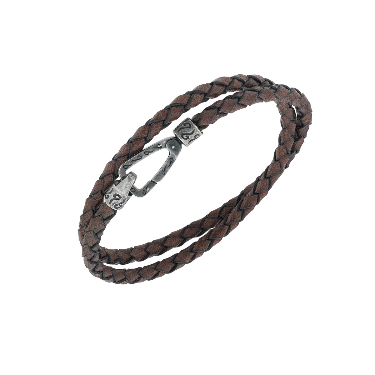 Marco Dal Maso Lash Brown Leather Double Wrap Braided Bracelet with Oxidized Silver Clasp