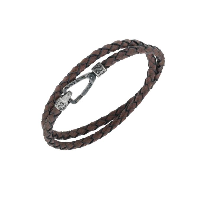 Marco Dal Maso Lash Brown Leather Double Wrap Braided Bracelet with Oxidized Silver Clasp