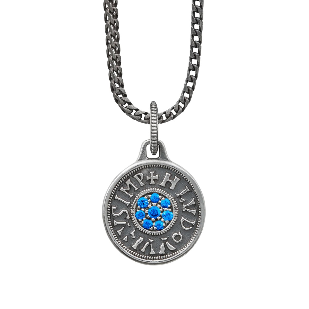 Marco Dal Maso Moneta Blue Sapphire Pendant in Oxidized Sterling Silver