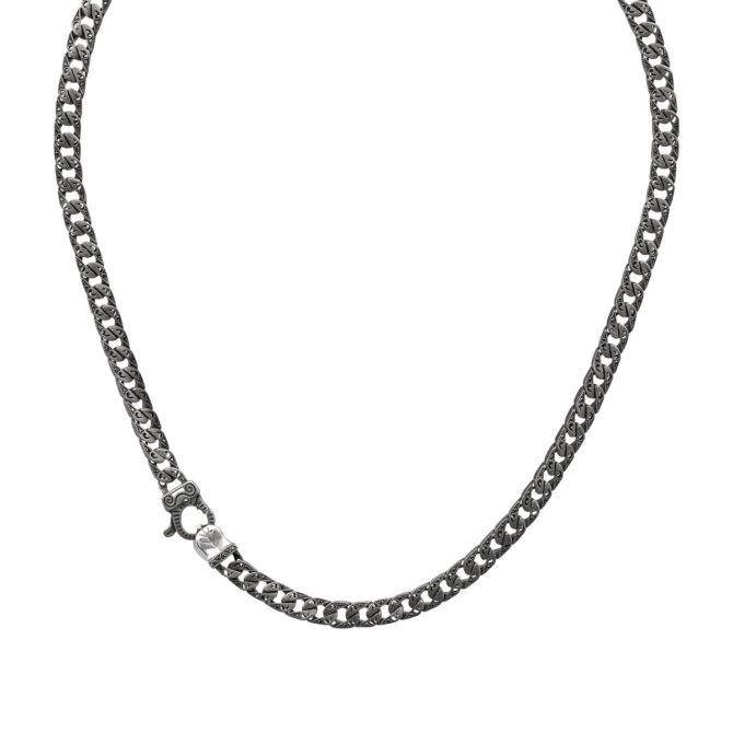 Marco Dal Maso Flaming Tongue Black Diamond Curb Chain Necklace in Oxidized Sterling Silver
