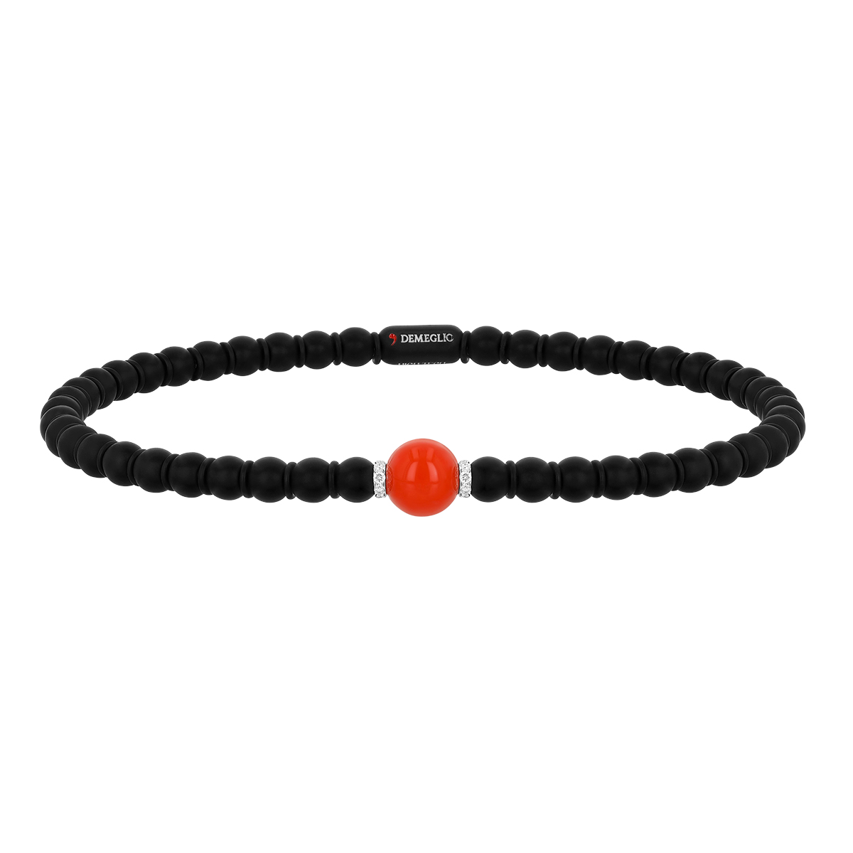 Demeglio Sfera Coral Bead & Matte Black Ceramic Stretch Bracelet with Diamond Accents