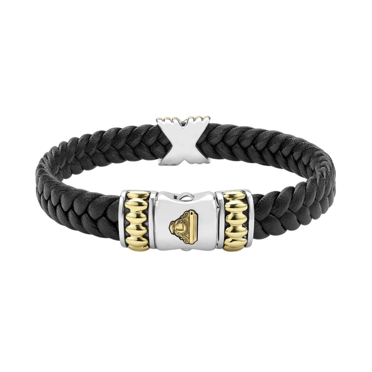LAGOS Anthem Vegan Black Leather, Sterling Silver & Yellow Gold X Bracelet, 8