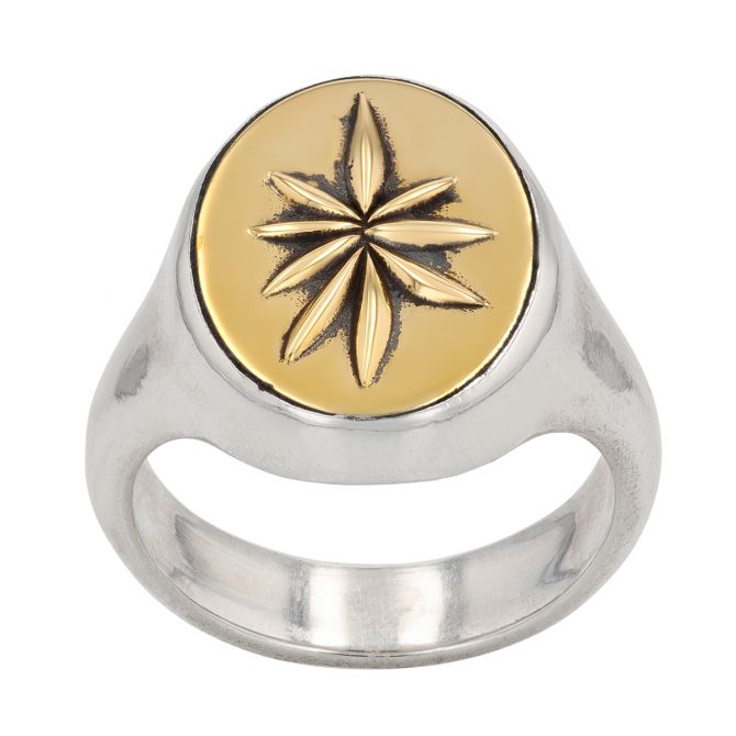 John Varvatos Brass Starburst & Sterling Silver Signet Ring, Size 10