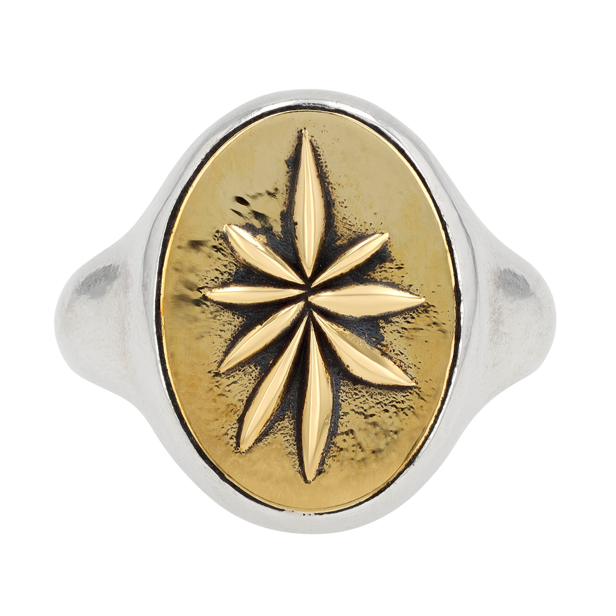 John Varvatos Brass Starburst & Sterling Silver Signet Ring, Size 10